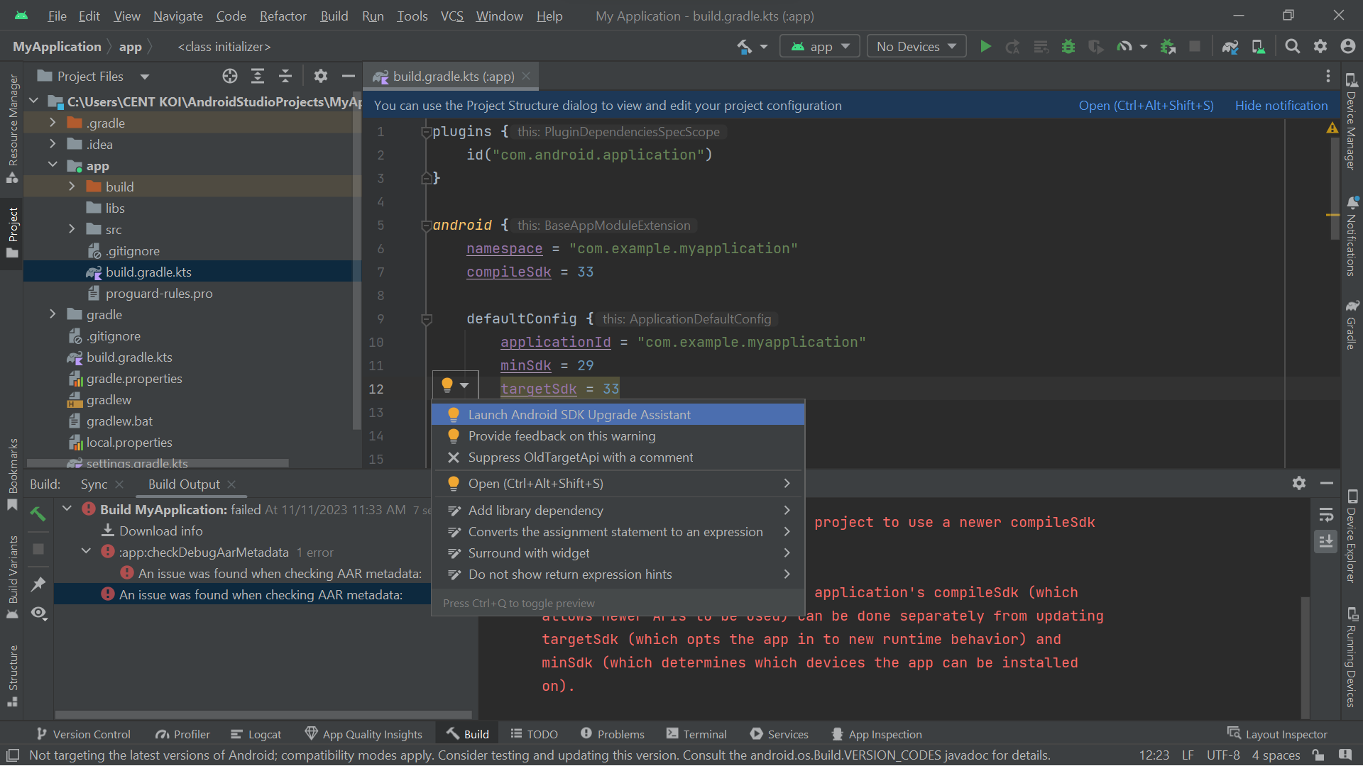 Android Studio  Checking AAR Metadata error